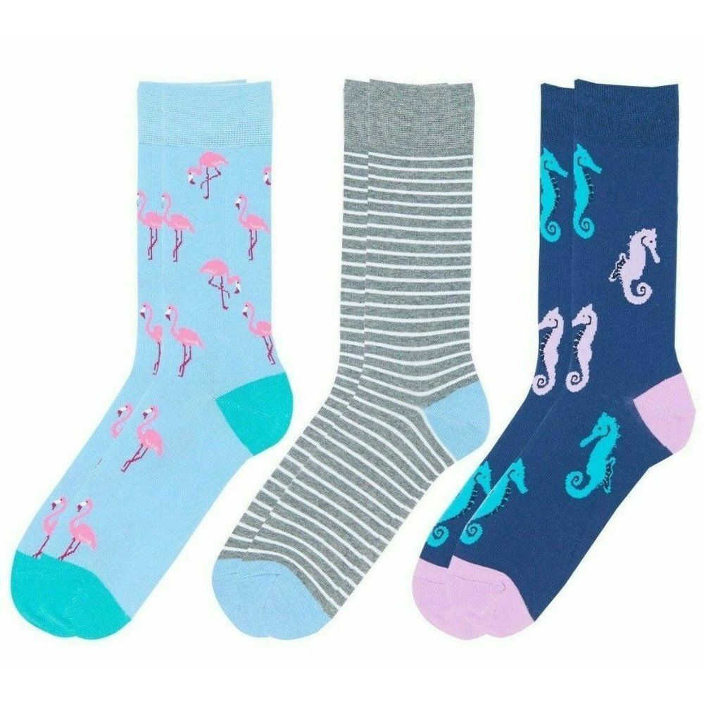 George Fashion Crew Men's Unisex Socks Flamingo Stripes Seahorse Shoe Size 6-12